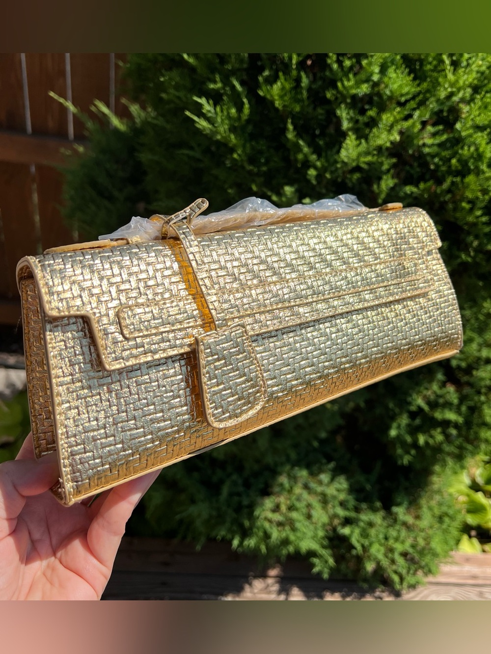 NEW Gold Woven Faux Leather Clutch Satchel Crossbody Evening Bag Handbag Purse